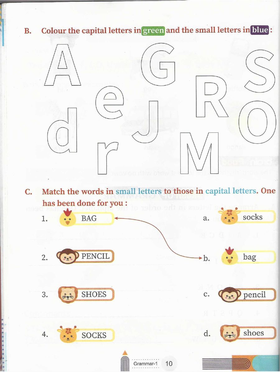 Capital and small - colour the capitals in one colour and the small letters in another, then match BAG to bag, PENCIL to pencil, SHOES to shoes.