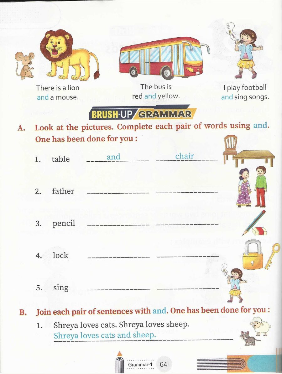 Joining words - a lion and a mouse, red and yellow, football and songs. Then: join Shreya loves cats and Shreya loves sheep into one sentence.