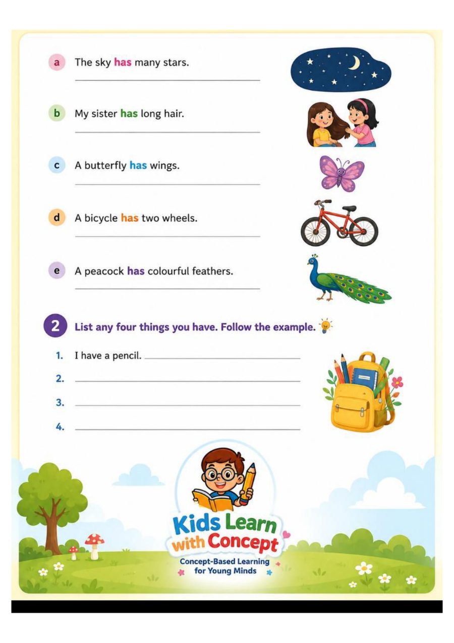 Then straight into practice - the sky has many stars, a butterfly has wings, a bicycle has two wheels, and then: list four things you have.