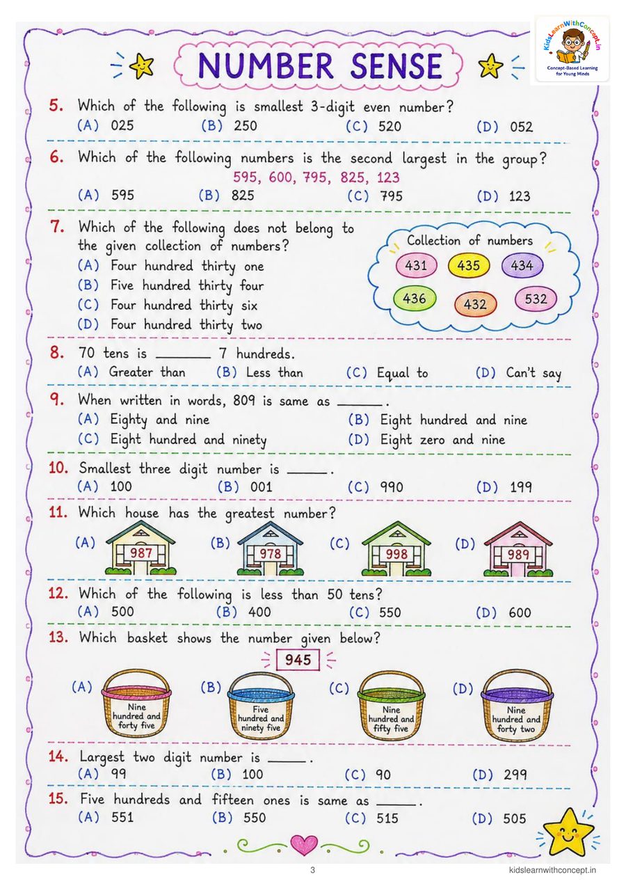 Number Sense -    smallest and largest, ordering, numbers in words, tens and hundreds, and houses and baskets carrying the numbers so a young child can see them.
