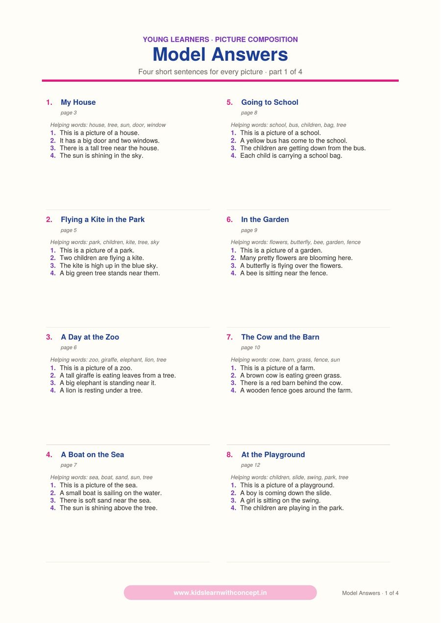 Model answers page: four short sentences for each picture, with the helping words listed above them