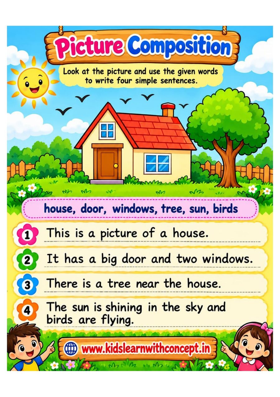 The solved example page: the same house picture with four model sentences already written in