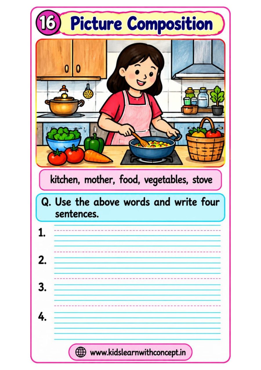 A Grade 1 picture composition worksheet showing mother cooking in the kitchen, with helping words kitchen, mother, food, vegetables, stove