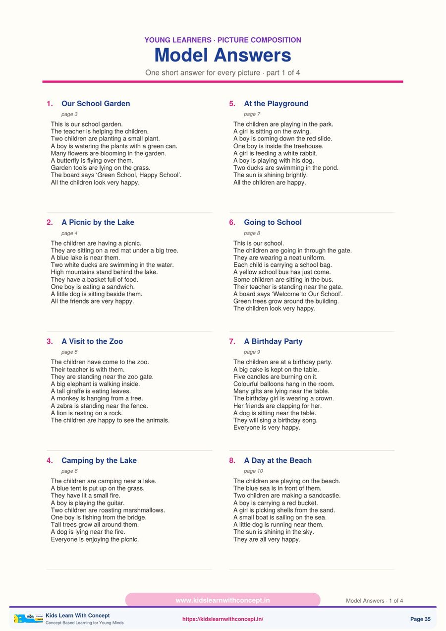 Model answers page with a short paragraph for each of the 32 pictures