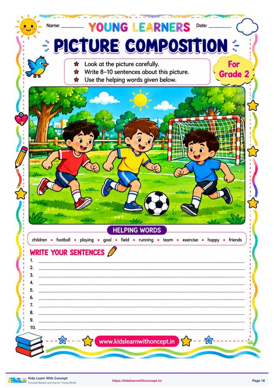 A picture composition worksheet showing the helping words box above ten writing lines