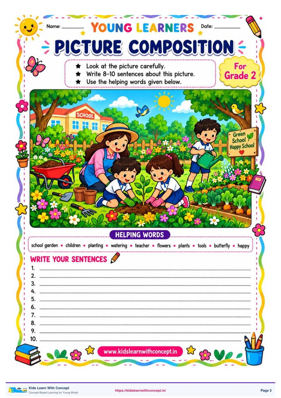 A Class 2 picture composition worksheet: a school garden scene with a helping words box and ten ruled lines