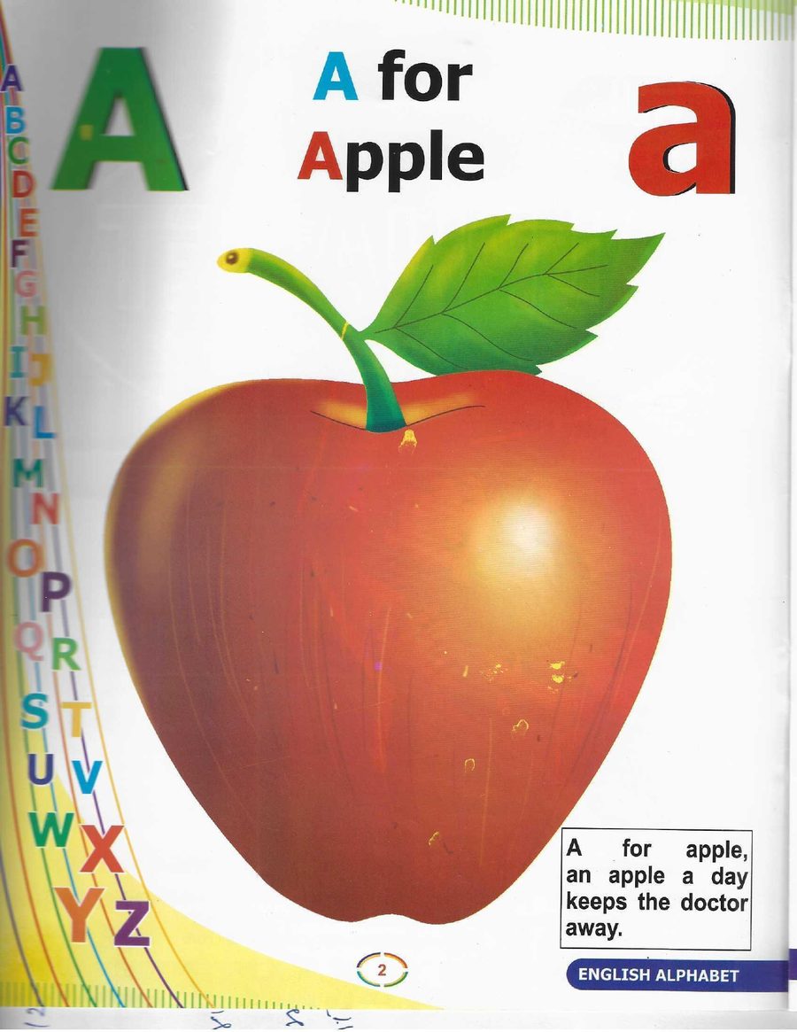A for Apple - — capital and small letter in the corners, the A–Z strip down the side, one big picture, one line to say aloud.