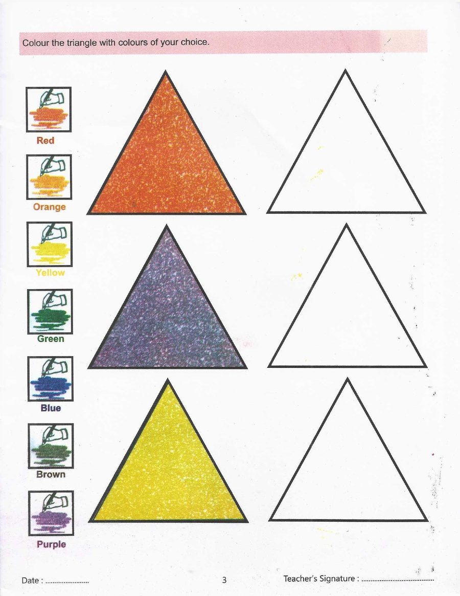 Colour the shape - — the same triangle is shown filled in, then blank. The colour key down the left side is the whole lesson: name it, find it, stay inside it.