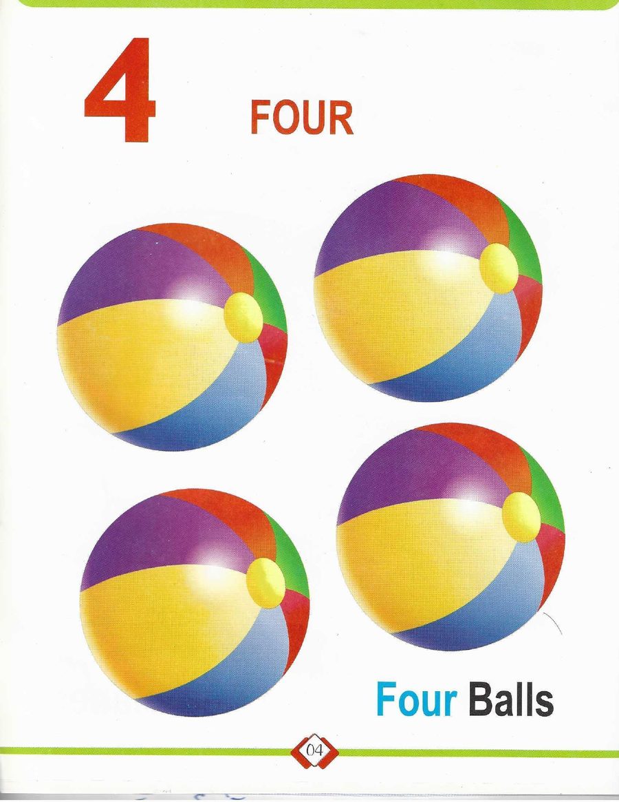 Four balls - — the same layout every time, so the child learns the number and not the page.
