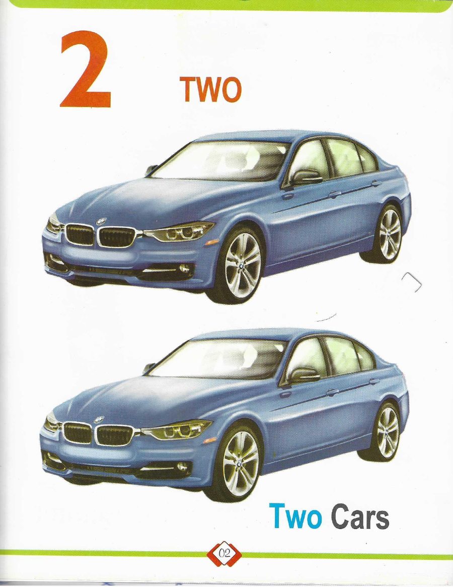 Two cars - — the numeral, the word, and exactly that many objects on the page. Count them by touching each one.