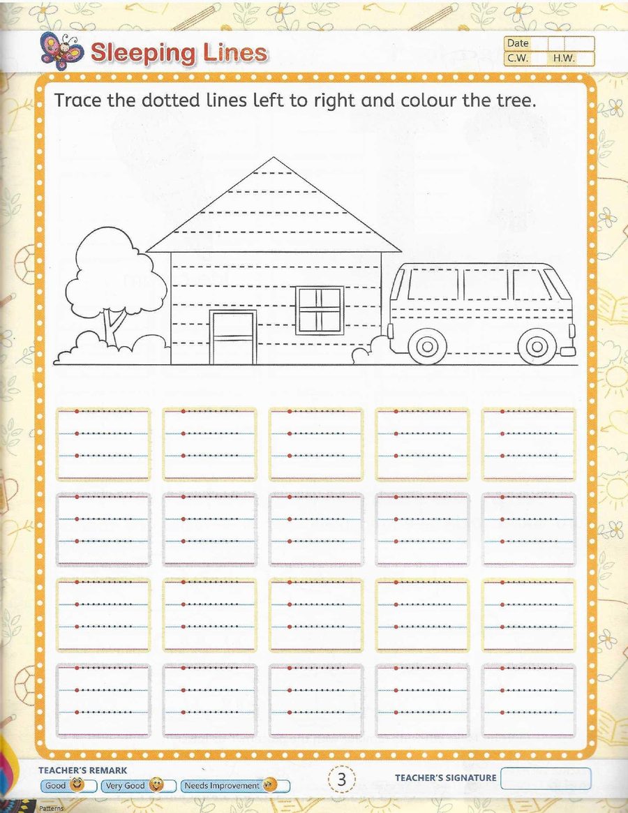 Sleeping lines - — trace left to right, then colour the house and the tree at the top. Twenty rows of the same stroke, with a reward at the end of the page.
